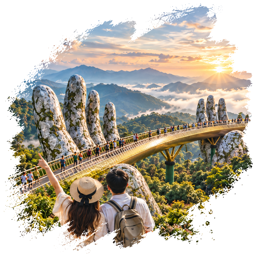Golden Bridge at Ba Na Hills with travelers discovering Central Vietnam with FAIVO