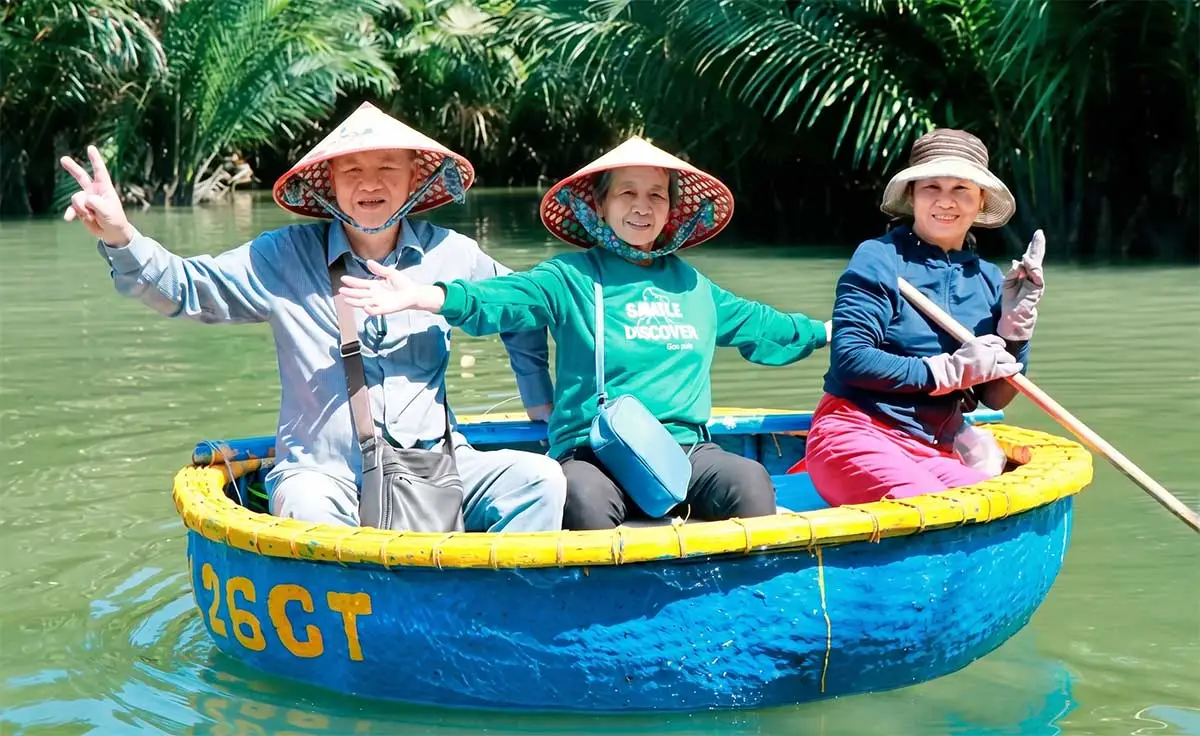 Tourists enjoying a basket boat experience in Hoi An.